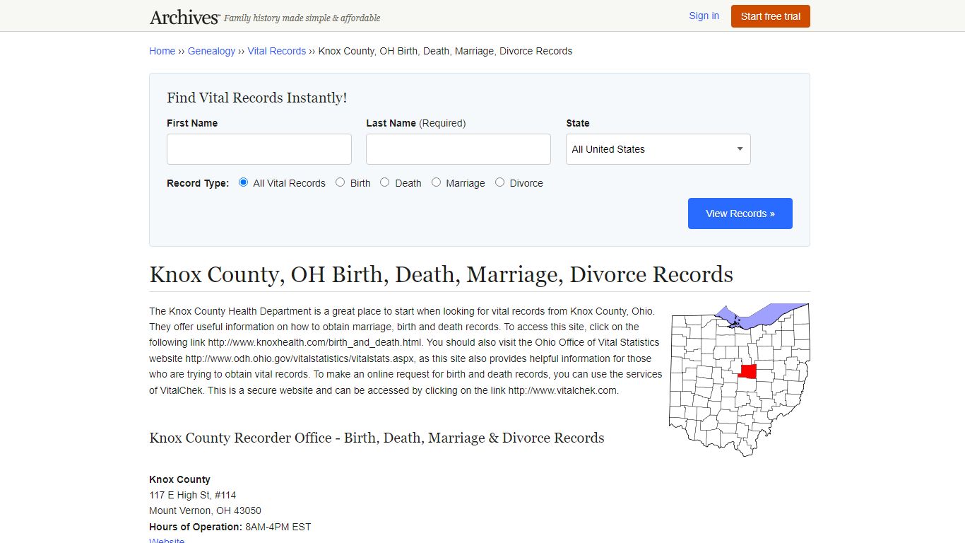 Knox County, OH Birth, Death, Marriage, Divorce Records